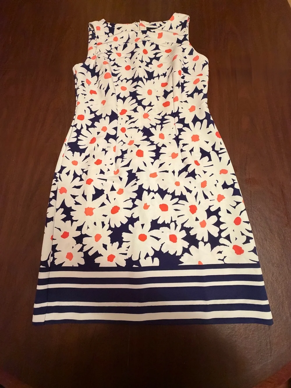 Madisonleigh White/Navy/Orange Floral Sheath Knit Stretch Zip Dress 6
